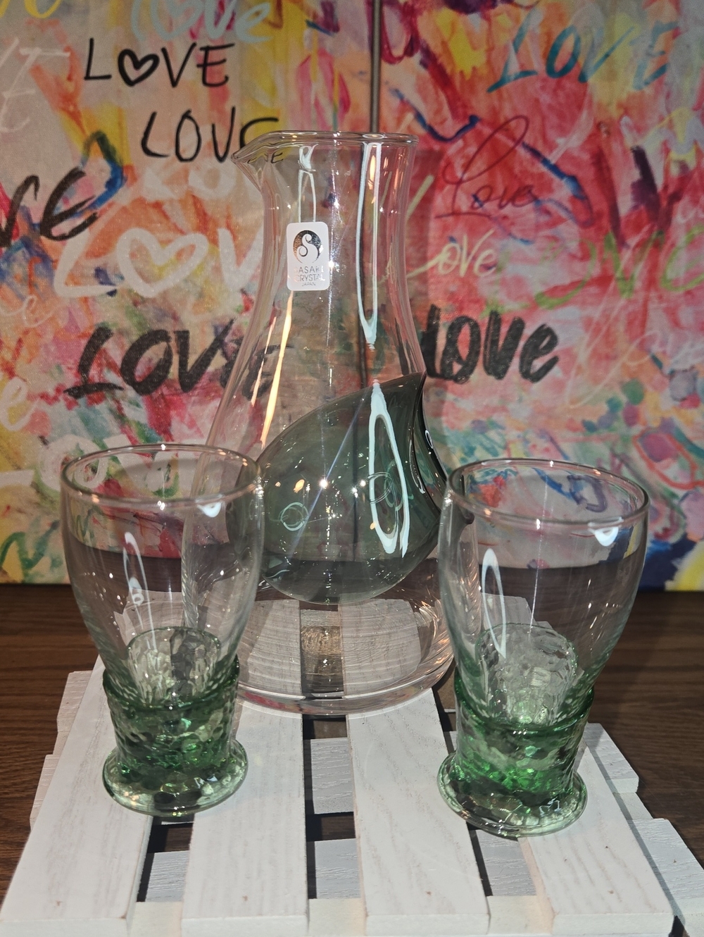 Crystal Clear Glass Saki Carafe with Green Accent Tumblers